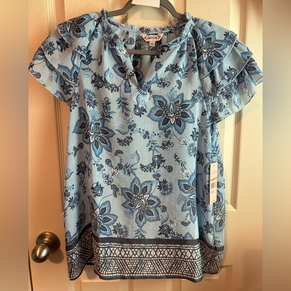 Blue Floral Blouse with Ruffle Sleeves. NWT